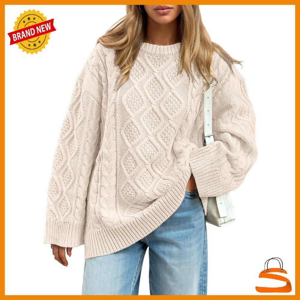 Oversized Cable Knit Crewneck Sweater, 40% Acrylic 60% Cotton, Cozy Winter - Picture 1 of 7